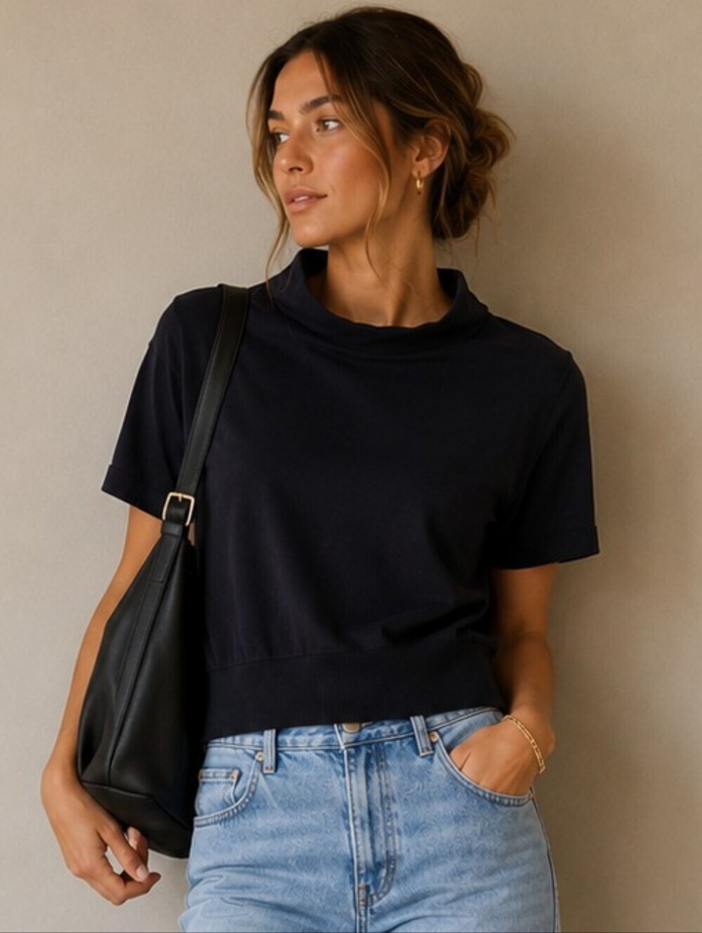 COS | Black Minimalist Mock Neck Knit Top, Size XS